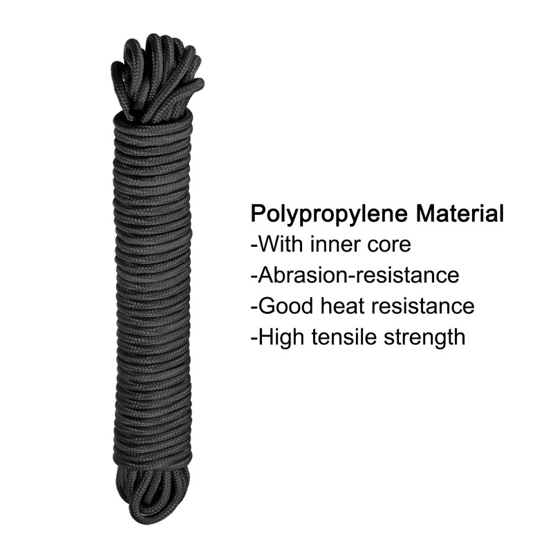 sourcing map Polypropylene Rope Braid Cord 12M/39.4ft 1/4" Black for