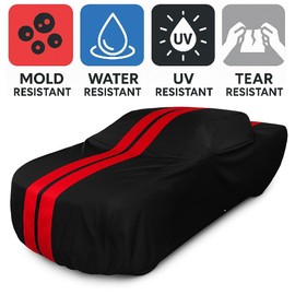2001-2025 F150 Custom Fit Car Cover - Ultraguard Plus 1/2 Ton Truck Full Size Heavy Duty Water Resistant 300 Denier with Cotton Lining for Ford F-150, Lightning & Raptor (Black with Red Stripes)