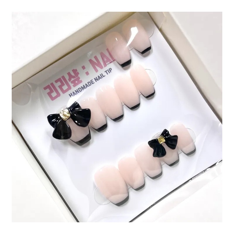 Black Ribbon Luxury Handmade Nail Tips - Oval / 블랙