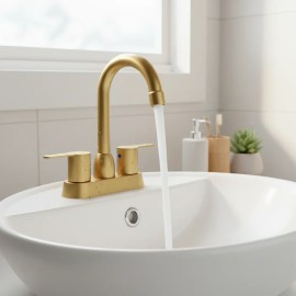Bathroom Washbasin Faucet 4-Inch Double Handle Brushed Alloy Deck Mount Hot/Cold Mixer CUPC CertifiedColor: Gold, Surface Finishing: General