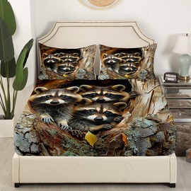 Raccoon Bed Sheet Twin Size Raccoon Deep Pocket Fitted Sheet for Kids Boys Girls Possum Gifts Sheets Raccoon Stuffed Animal Family Bed Cover Bedroom Bed Set