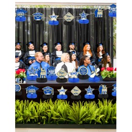 Haolongfa Graduation Centerpieces for Tables, 9Pcs Graduation Table Decorations, 3D Royal Blue Congrats Grad Honeycomb Centerpieces Table Toppers, Photo Props for Class of 2025 Grad Party Favors