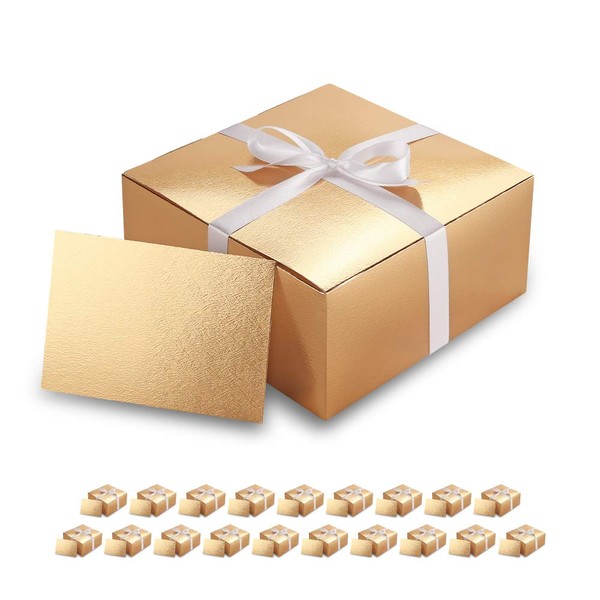 PACKHOME 20 Gold Gift Boxes 8x8x4 Inches, Bridesmaid Boxes, Paper Gift Boxes with Lids for Gifts, Crafting, Cupcake Boxes, with Greeting Cards and Satin Ribbons Glossy with Grass Texture