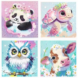 UBJUBT 4PCS Diamond Art Kits for Adults and Kids, Cute Animals 5D Diamond Arts and Crafts Set, DIY Crystal Art Mosaic Kits for Kids, Beginner, Perfect for Living Room Wall Decoration (A)