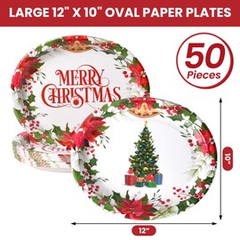 KTCNMER 50 Pcs Christmas Oval Paper Plates 12" X 10" Large Disposable Dinner Serving Platters for Holiday Xmas Dinnerware Table Decorations