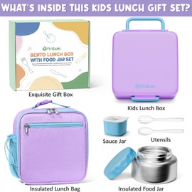 Fimibuke Kids Bento Lunch Box with Thermos, Leakproof Toddler Bento Box with 8.5 OZ Insulated Food Jar, Lunch Bag & Utensils BPA Free Dishwasher Safe 3 or 4 Compartment Container for School Girls Boys