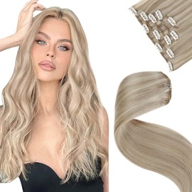 LaaVoo Blonde Clip in Hair Extensions Human Hair Dark Ash Blonde Mix Golden Blonde Highlights Remy Real Hair Extensions For Women Clip in Human Hair Blonde Hair Extensions Silky Soft 16 Inch 5pcs/80g