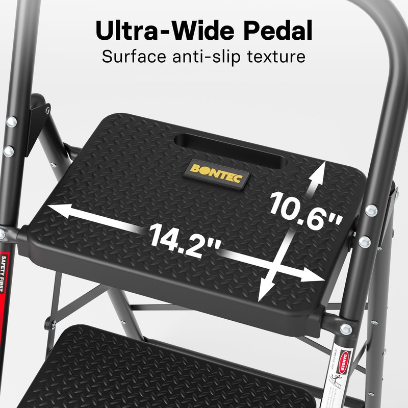 BONTEC 3-Step Ladder, Folding Step Stool, 600lbs Max Load Capacity,