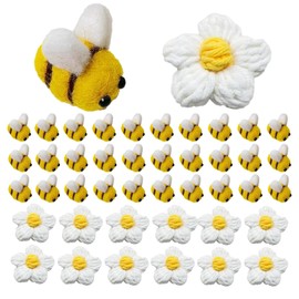 Pack of 42 Bee Decoration, Clothing Decorations, DIY Craft Decorations, Mini Decorative Felt Made of Combed Cotton Material, Clothing and Bags Decorating, (30 Small Bees + 12 Yellow Crochet Flowers)