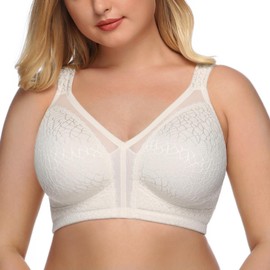 DotVol Women's Full Coverage Minimizer Bra Non-Padded Floral Lace Wirefree Soft Cup Plus Size(44G, White)