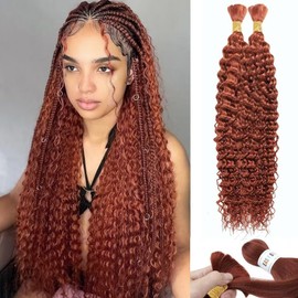 Dark Ginger Human Braiding Hair Deep Water Wave Bulk 100g 16 Inch Color 350 Curly for Boho Braids Hair Extensions No Weft 2 Braids Per Pack Wet and Wavy