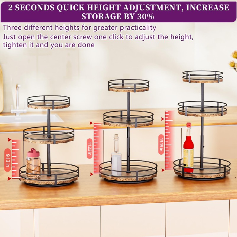 Heavy-Duty 3-Tier Lazy Susan Organizer, Adjustable to Different Heights, Countertop
