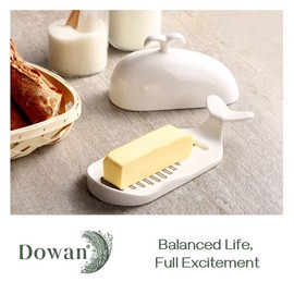 DOWAN Porcelain Butter Dish With Cutting Measuring Line, Large Whale Butter Dish with Cover of Non-slip Design, Ceramic Butter Dishes with Handle for East/West Coast Butter, Soft White