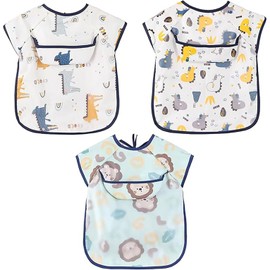 Wzenclave 3 Piezas Baberos para Bebé Impermeables con Mangas y Bolsillo Baberos Antiderrames para Niña y Niño 1-3 Años Kit de 3 Baberos para Alimentación Infantil Fáciles de Limpiar