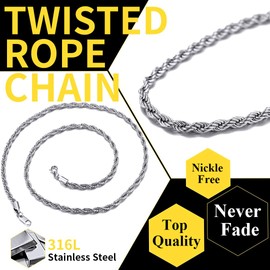 3mm Stainless Steel Twisted Rope Chain Necklace for Men, Hip Hop Jewelry, 18"