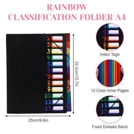 Document Folder A4 Black with Index Labels, Expanding Folder A4 with 12 Compartments Rainbow Colours, Folder Organiser with Elastic Band, Signature Folder, Corner Folder for School Accessories and