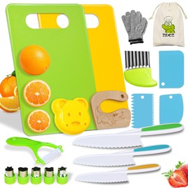 Kids Knife Set for Real Cooking: 20 PCS Montessori Kitchen Tools for Toddlers,Kids Knife Set Include Wood Kids Knife, Crinkle Cutter,Cutting Board,Toddler Kitchen Tool for Age 2-10 Year Old Girl Boy