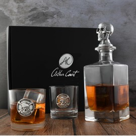 Arthur Court Skull Liquor Decanter Set with Pair of Skull Glasses 750 ml Groomsmen Gifts, Wedding Gifts For Couple, Bar Décor, Or Man Cave Décor