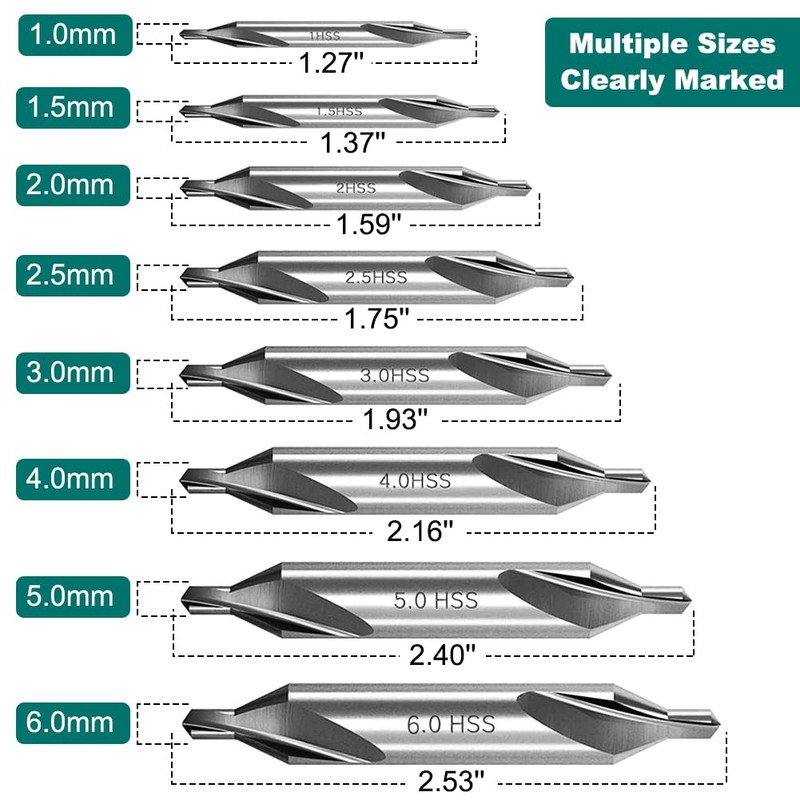 Saipor 8Pcs HSS Center Drill Bits Set 60-Degree Angle Combined