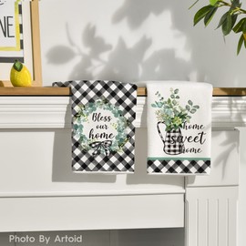 Artoid Mode Buffalo Plaid Eucalyptus Home Sweet Home Kitchen Towels Dish Towels, 18x26 Inch Seasonal Decoration Hand Towels Set of 4