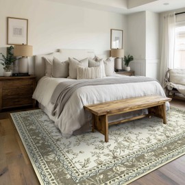 Greyish Beige Floral Rug 5x7 Machine Washable Area Rug for Living Room Vintage Boho Farmhouse Low Pile Distressed Carpet for Dining Room, Bedroom Indoor Non-Slip Tan Taupe Flower Design Home Decor