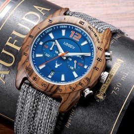 LeeEv Men's Sport Design Wooden Watch, Handmade Light Luminous Multifunctional Date Display Chronograph Military Quartz Bamboo Wood Wristwatch