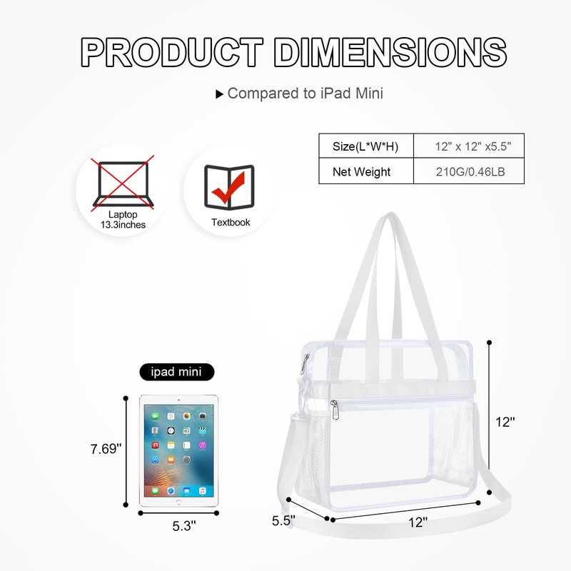 Oraben Clear Bag Stadium Approved 12x6x12 Tote Bag with Removable