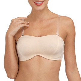 DHX Women's Strapless Bandeau Bra Full Coverage Support Bras Removable Pads with Clear Straps, Beige, 34C