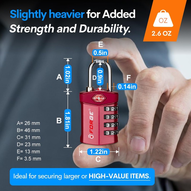 Forge 4-Digit Combination Lock, TSA Approved Locks for Luggage, Travel,