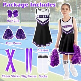 Kitimi Cheerleader Costume Children's Girls Children's Costume Cheerleading Outfit School Child Girl Uniform Dress with Pompoms Socks Hair Clips Cheer Sticks for Carnival Fancy Dress Party Fancy Dress
