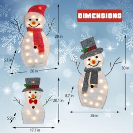 Joliyoou Christmas Yard Decoration, Set of 3 Pre-lit Snowmen with 60 Warm White Lights, 2D Light Up Plush Snowman Family for Xmas Front Door Indoor Outdoor Lighted Holiday Displays | Joliyoou