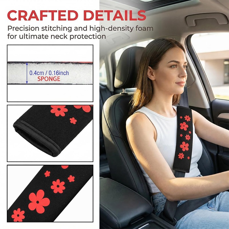 2PCS Car Seat Belt Covers, Flower Soft Comfortable Vehicle Seatbelt