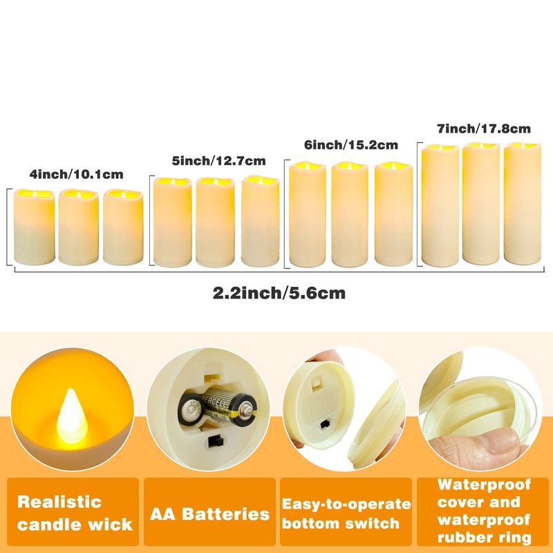 YIWER Waterproof Outdoor Flameless Candle, 12 Pcs Plastic Candles Pillars,