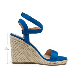 DREAM PAIRS Alpargatas de punta abierta para mujer, elegantes sandalias de plataforma con hebilla y correa al tobillo, Azul/Ante, 7 US
