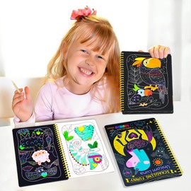 JUNQIU 2 Pack Animal & Unicorn Scratch Art for Kids, Rainbow Scratch Paper Art Notebook, Arts and Crafts for Boys Girls, Birthday Gifts Party Games