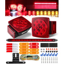 Partsam Submersible LED Trailer Tail Light Kit, Square Trailer Lights+Light Bar+8 Side Markers, with 25FT Wiring Harness Reflective Stickers Combined Stop Turn Tail License Lights for Boat Trailer 12V