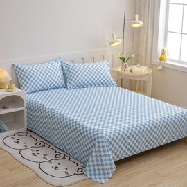 Wellboo Blue White Plaid Bed Sheet Set Full Women Girls Light Blue and White Checkerboard Grid Flat Sheets Modern Dusty Blue Checkered Geometric Fitted Sheet with 2 Pillowcases 4 PCS Luxury Sky Blue