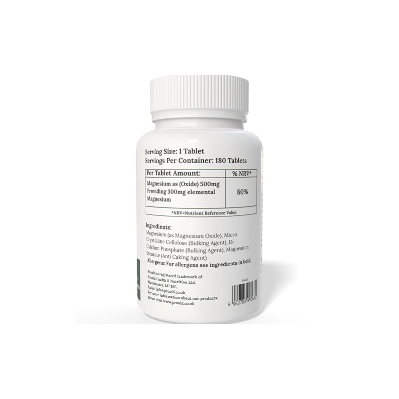 Magnesium Tablets 180 Pack by ProAid | Vegan & Vegetarian