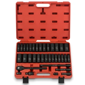 NEIKO 02446A 1/2" Impact Socket Set, 35 Piece, Deep Socket Kit Assortment, Standard SAE (3/8”-1-1/4”) and Metric MM (10-32mm) Sizes, Includes Ratchet Handle and Impact Extension Bars
