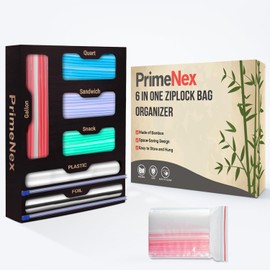 PrimeNex Ziplock Bag organizer, Ziplock Foil and Plastic Wrap Dispenser with Cutter, 6 in 1 Bamboo Kitchen Drawer Plastic Bag Food Baggie Organizer for Gallon, Quart, Sandwich, Snack (Black)