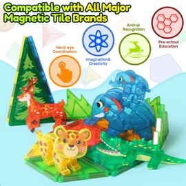 Oriate Magnet Jungle Animal Toys for Kids Magnetic Tiles Blocks, 5pcs Magnetiles Animals for Kids, Movable Joints Zoo Animals Match Magnetic Construction Building Magnet Tiles, Educational Travel Toy