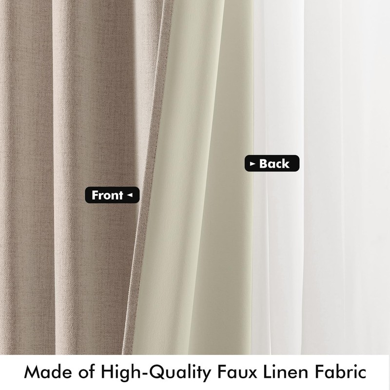 MIULEE 100% Blackout Linen Curtains for Bedroom, Beige Solid Luxury