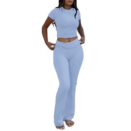 AYWA Women's 2 Piece Lounge Sets Short Sleeve Crop Top Foldover Flare Pants Casual Pajama Outfits (Haze Blue, Large)