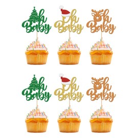 24Pcs Christmas Oh Baby Cupcake Toppers Glitter Christmas Tree Reindeer Santa Hat Baby Shower Birthday Cupcake Picks for Christmas Theme Baby Shower Kids Birthday Party