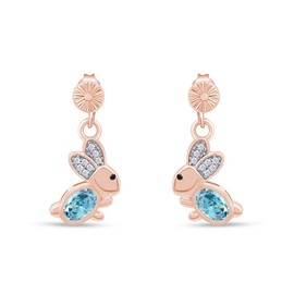 14k Rose Gold Over Sterling Silver Simulated Aquamarine & CZ Animal Rabbit Easter Bunny Womens Drop Earrings
