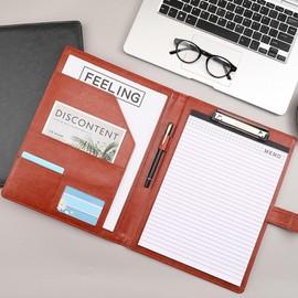 VANRA Padfolio Clipboard Folder Leather Portfolio Binder Organizer Interview Resume Folder for Papers Legal Document A4 Letter Size Writing Pad Notepad Clip Boards with Business Card Holder (Brown)