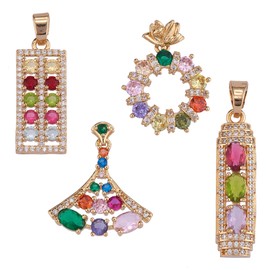 COGCHARGER 4 Pieces Brass Cubic Zirconia Charm Pendants, Brass CZ Charm, Mixed Shape, Fan Rectangle Pendants for Jewellery, Necklace, Earrings, Crafts