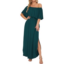 AUSELILY Womens Off The Shoulder Dress Summer Casual Long Ruffle Party Side Split Beach Maxi Dresses with Pockets Dark Green M