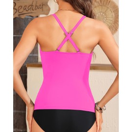 Yonique Tummy Control Tankini Top Only V Neck Swim Top Twist Front Bathing Suit Top No Bottom Hot Pink L