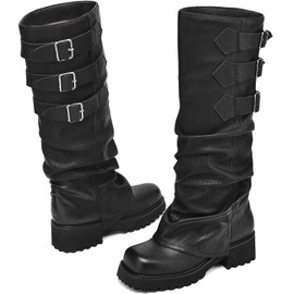 AIUNIIND Knee High Boots for Women Fold Over Boots Slouchy Square Toe Biker Boots Platform Riding Boots Gothic Moto Buckle Boots Black 6.5